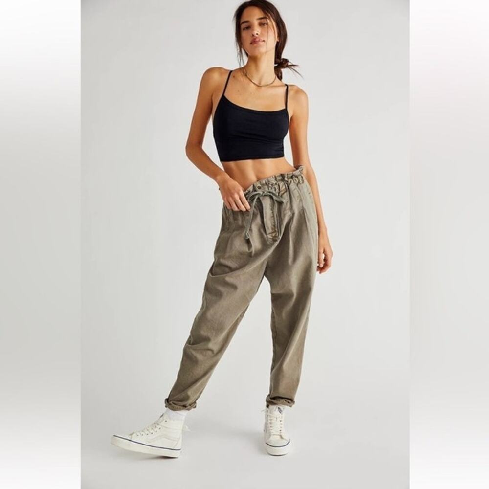 Free People Margate Pleated Denim Trouser Olive Green Medium Casual Boho Grunge